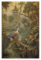 Houten wanddecoratie Vogel: kleurrijke vogel in een tropisch landschap met tempel.
