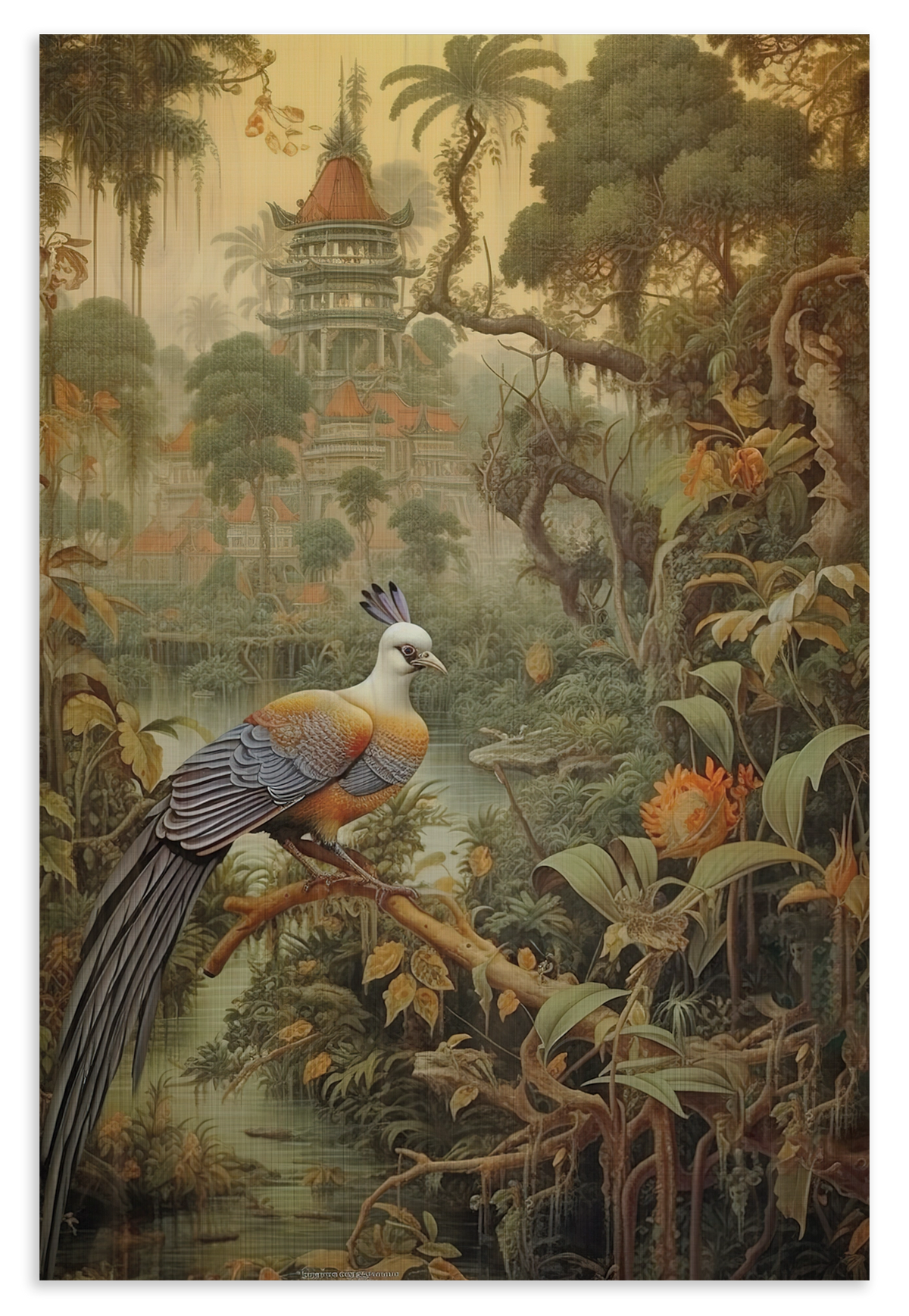 Houten wanddecoratie Vogel: kleurrijke vogel in een tropisch landschap met tempel.
