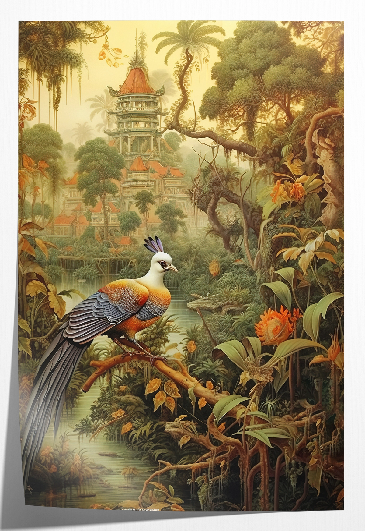 Papieren poster Vogel: kleurrijke vogel in een tropisch landschap met tempel.