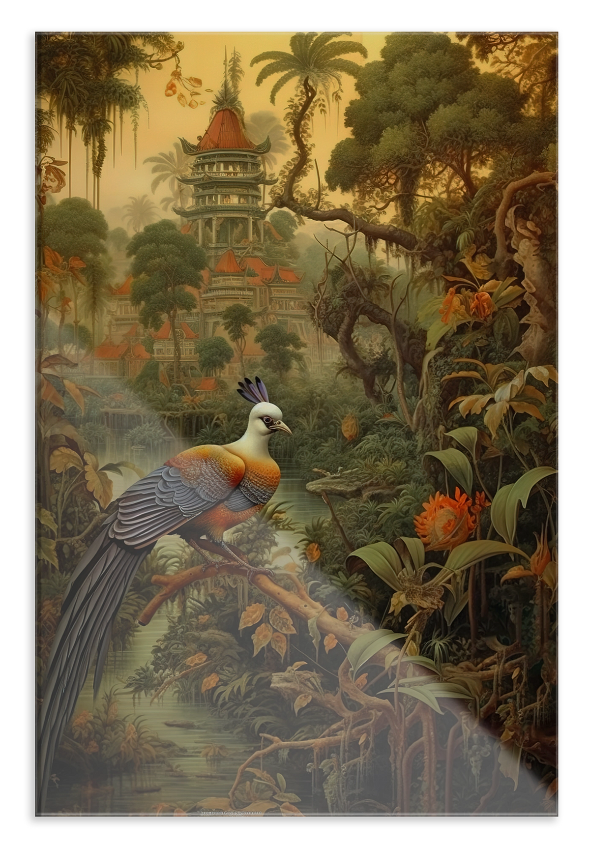 Plexiglas schilderij Vogel: kleurrijke vogel in een tropisch landschap met tempel.