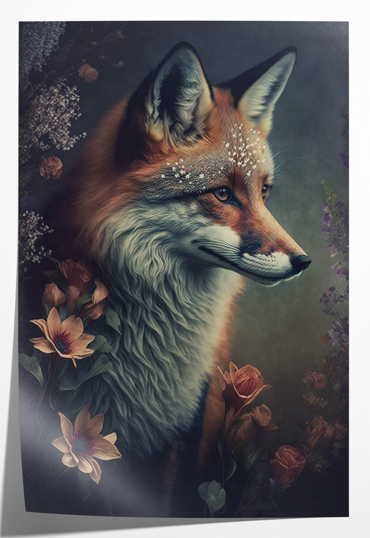 Papieren poster Vos 2: vos in profiel tussen bloemen tegen een donkere achtergrond.