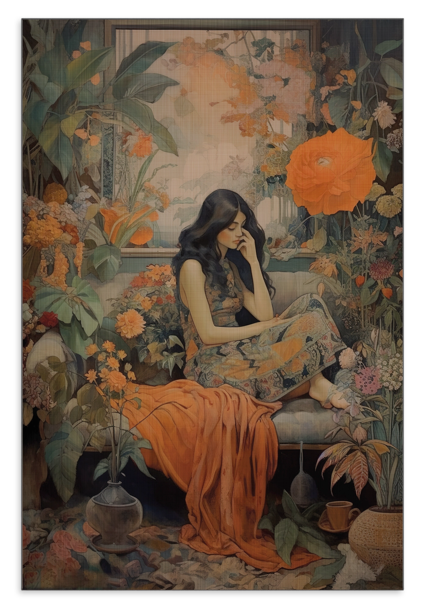 Aluminium Dibond schilderij Vrouw 2: zittende vrouw in oranje kleding tussen bloemen en bladeren.