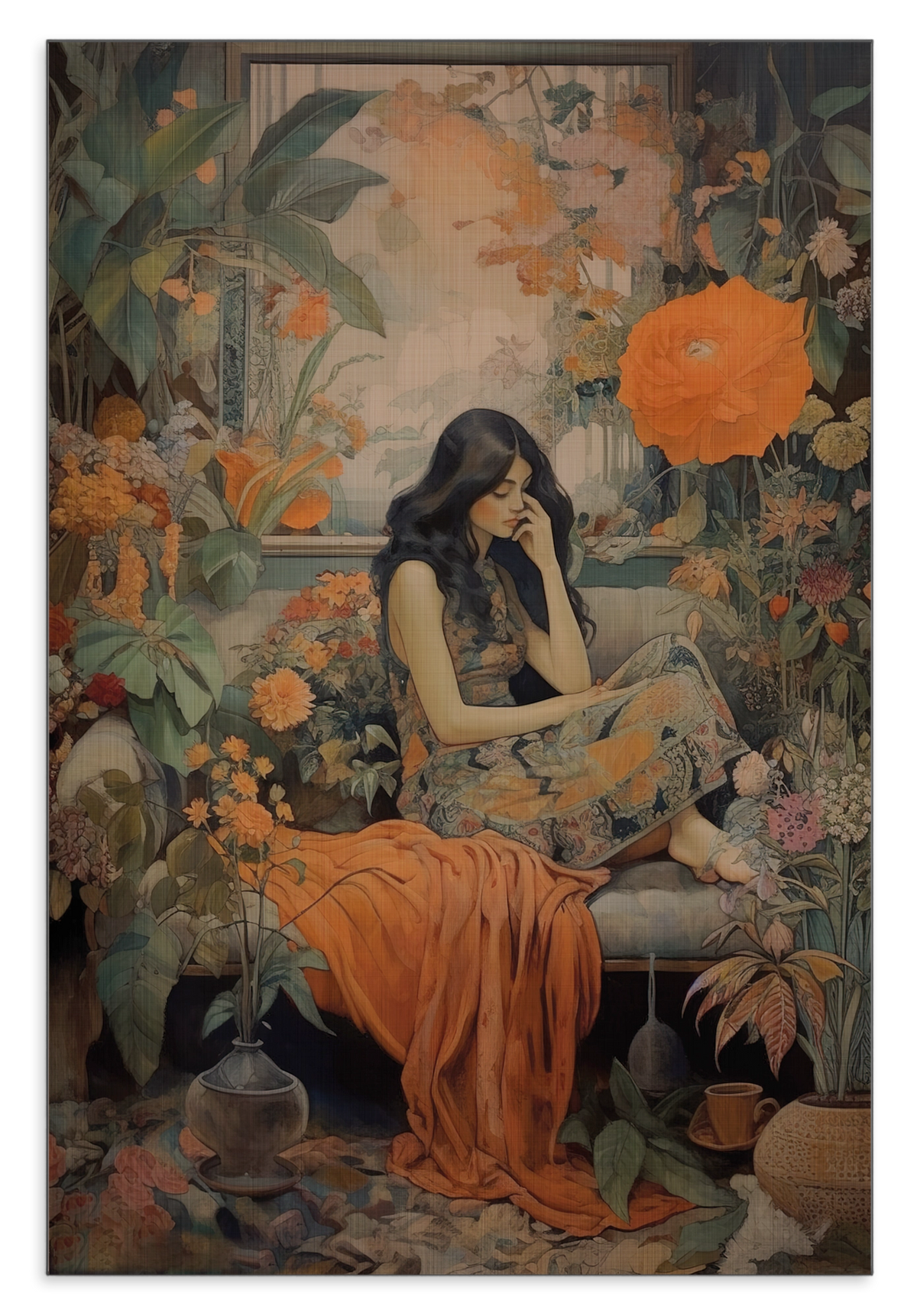 Aluminium Dibond schilderij Vrouw 2: zittende vrouw in oranje kleding tussen bloemen en bladeren.