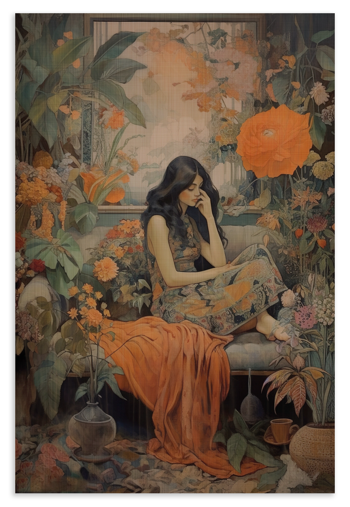 Houten wanddecoratie Vrouw 2: zittende vrouw in oranje kleding tussen bloemen en bladeren.