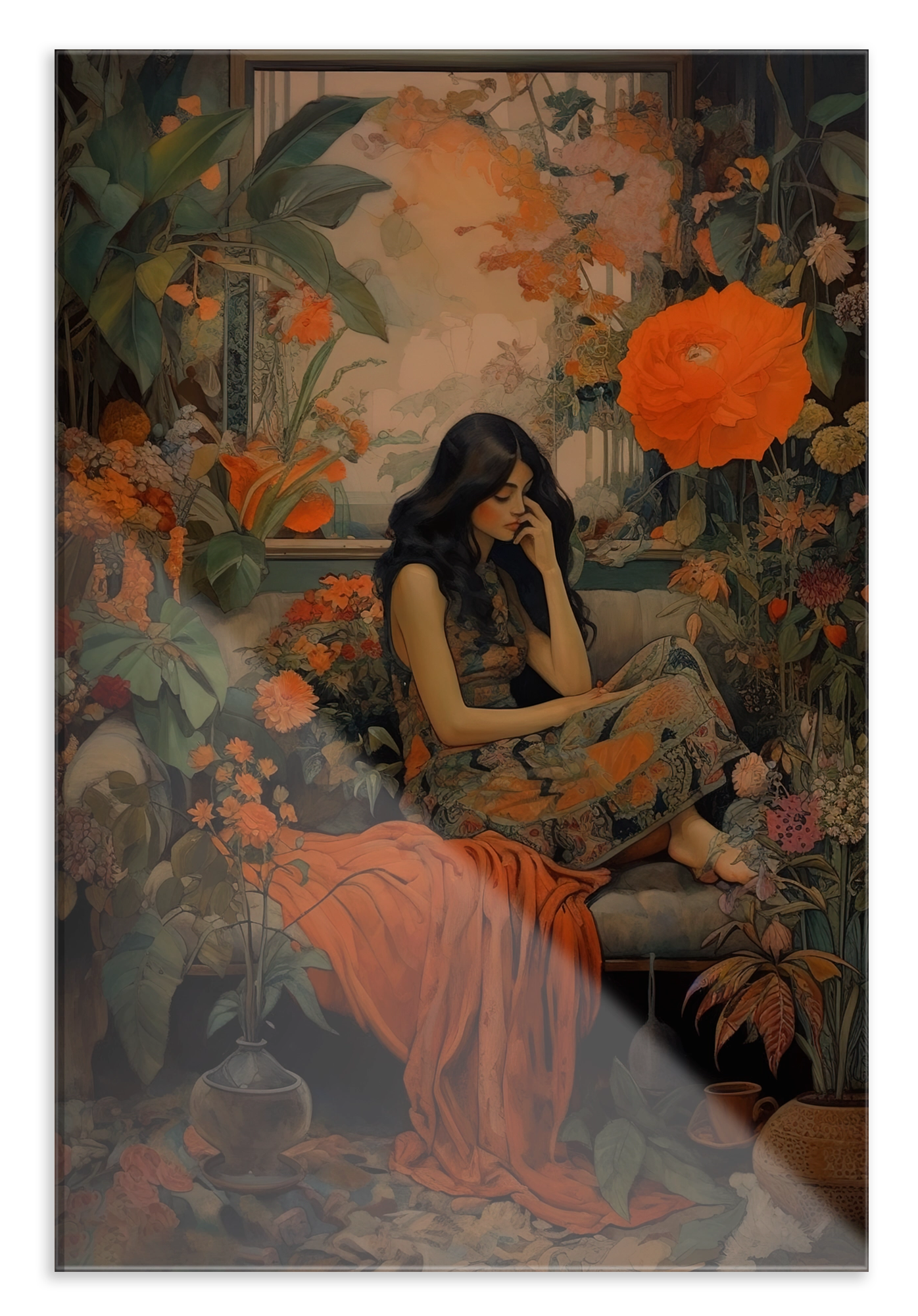 Plexiglas schilderij Vrouw 2: zittende vrouw in oranje kleding tussen bloemen en bladeren.