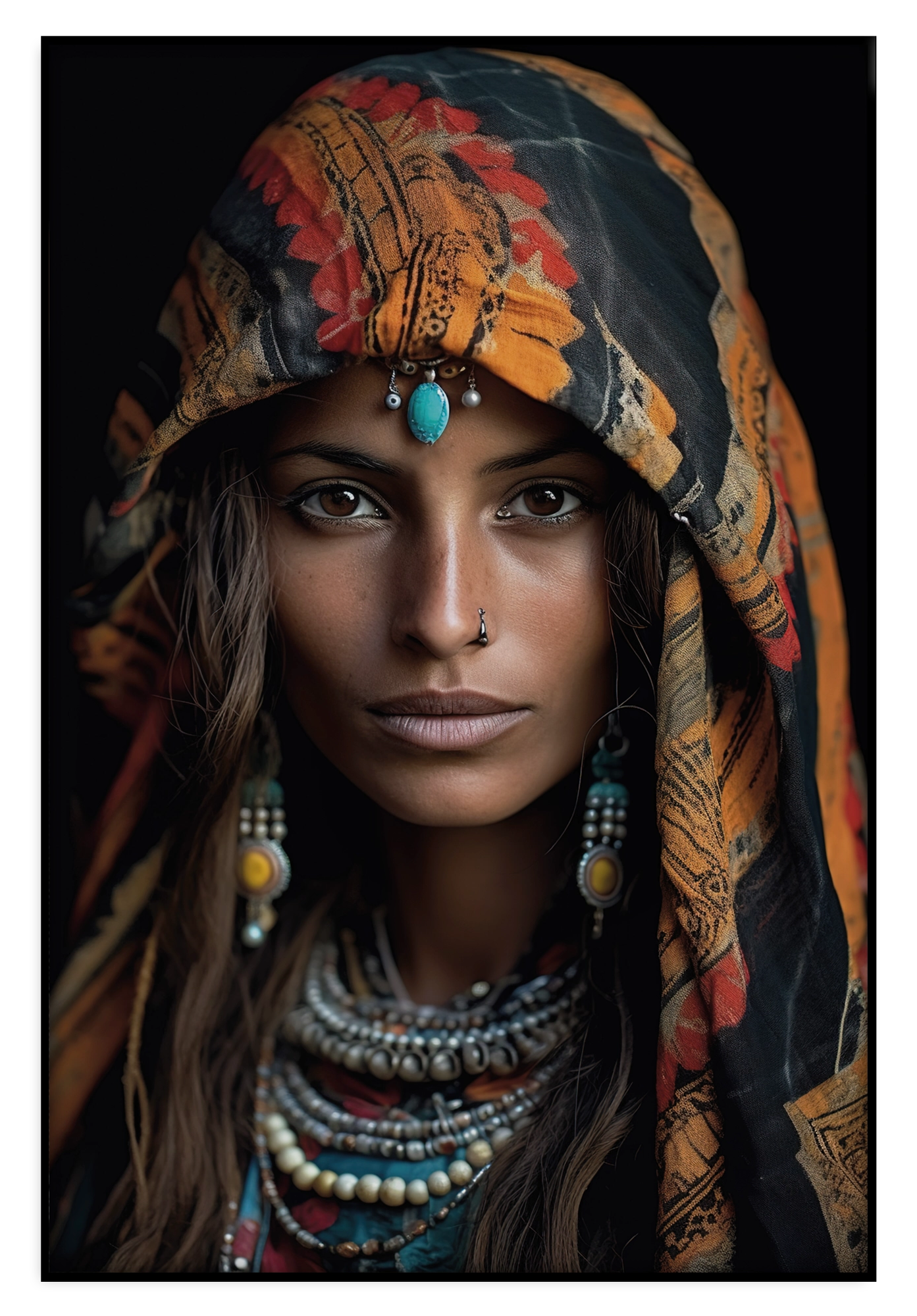 Artframe Vrouw 4: vrouwenportret met kleurrijke hoofddoek en kralensieraden.
