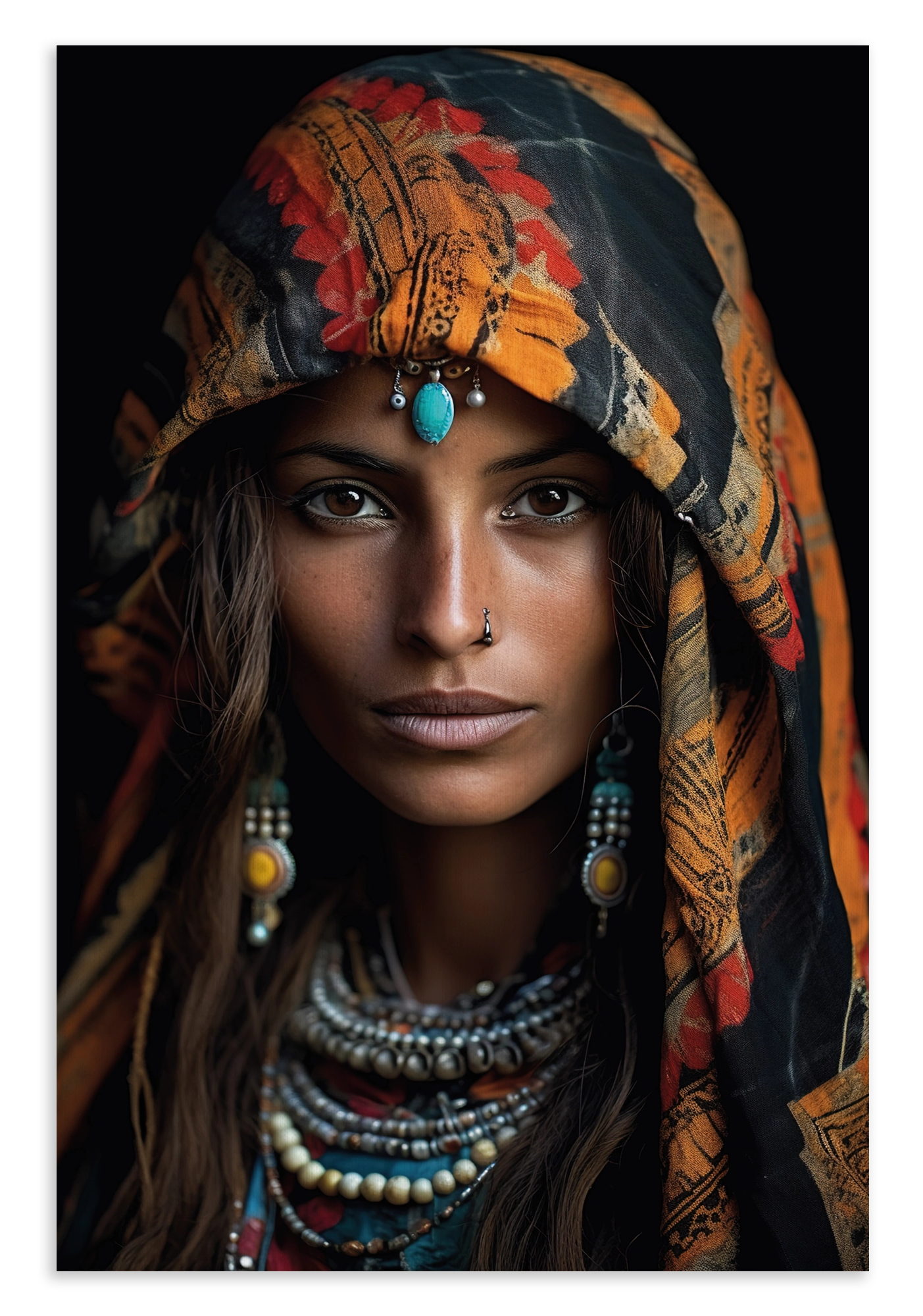 Canvas schilderij Vrouw 4: vrouwenportret met kleurrijke hoofddoek en kralensieraden.