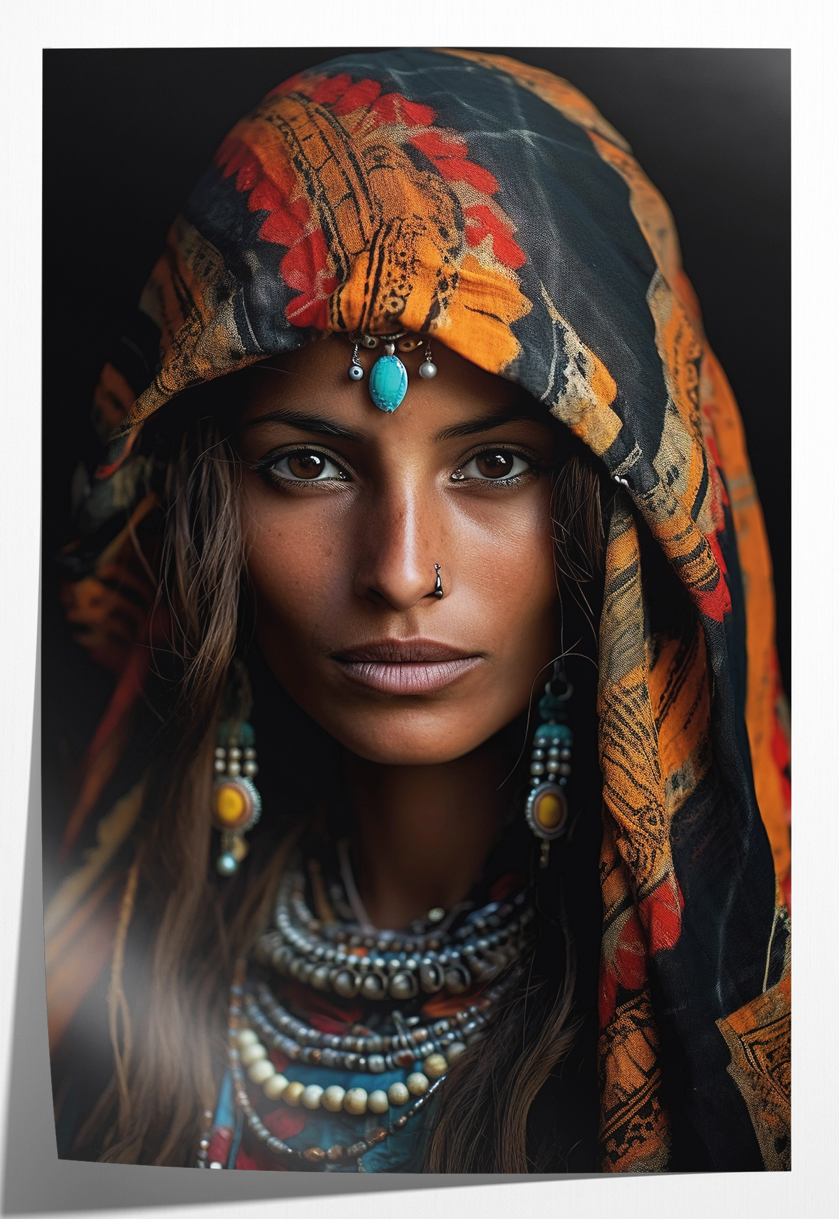 Papieren poster Vrouw 4: vrouwenportret met kleurrijke hoofddoek en kralensieraden.