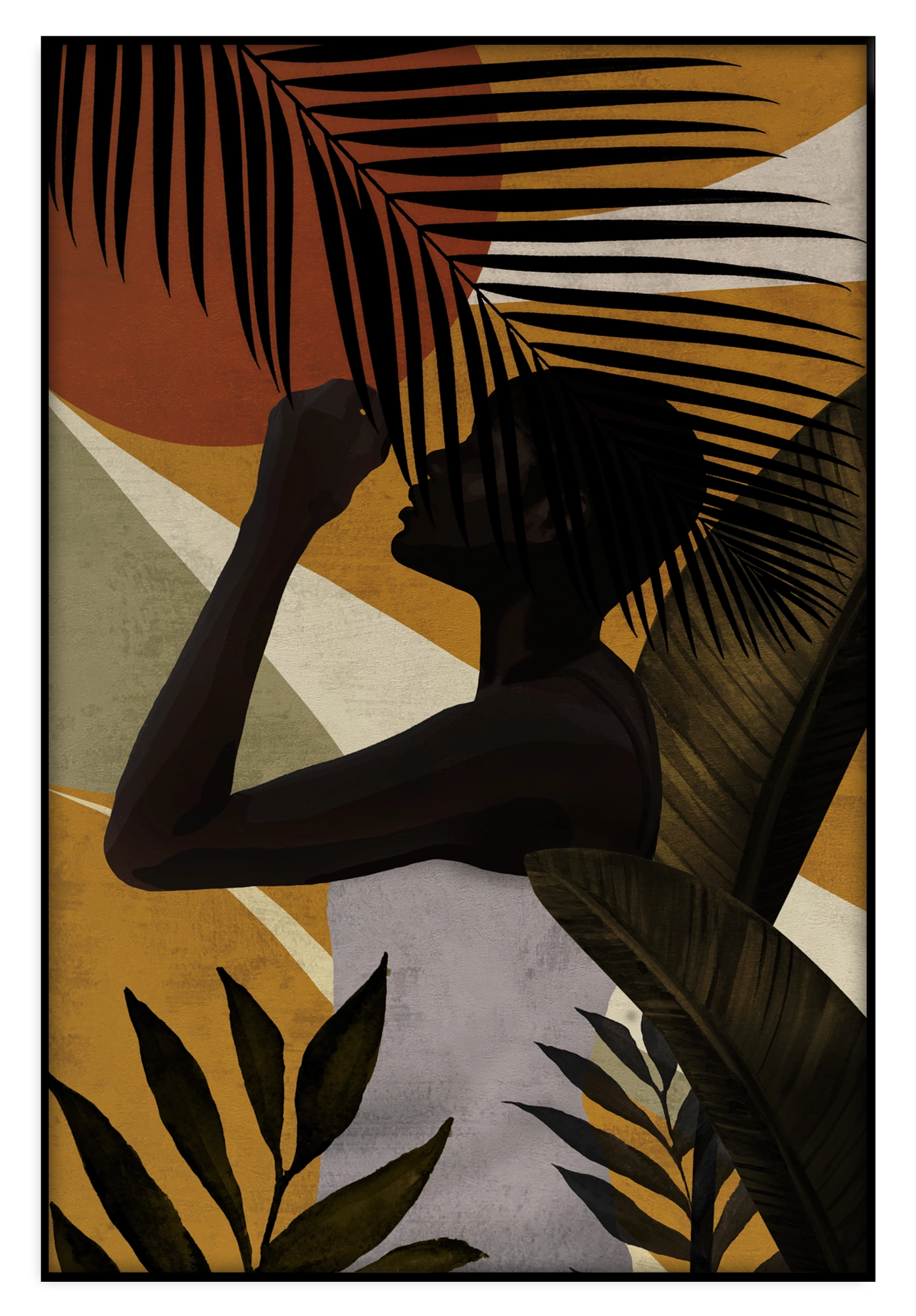 Artframe Vrouw 7: silhouet van een vrouw tussen grote tropische bladeren.