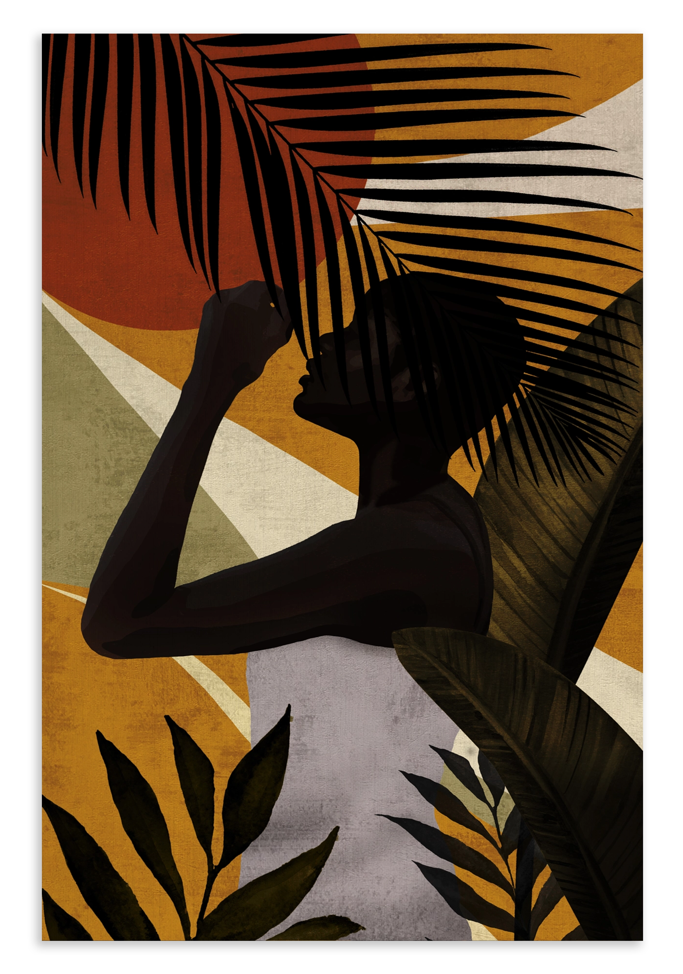 Canvas schilderij Vrouw 7: silhouet van een vrouw tussen grote tropische bladeren.