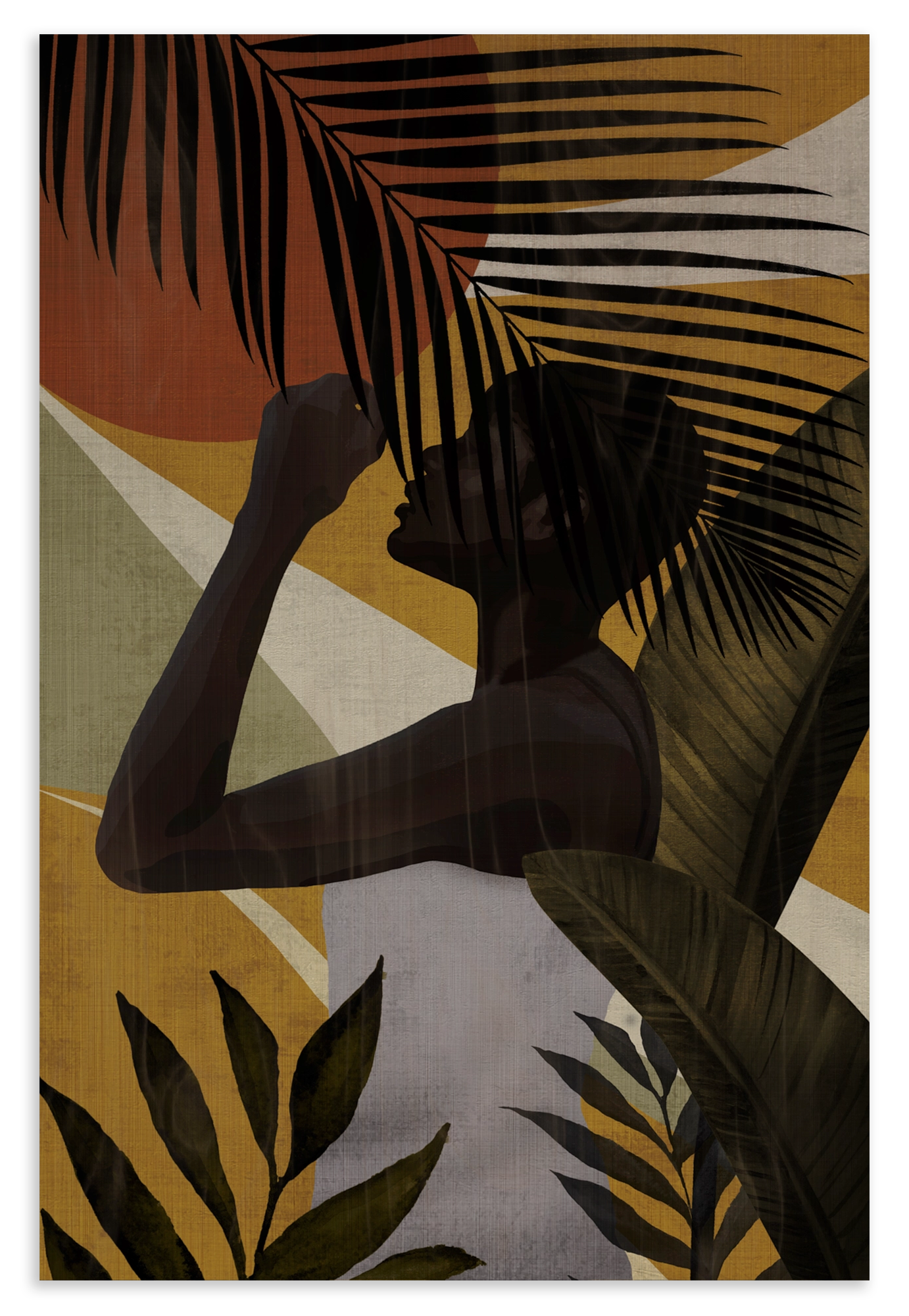 Houten wanddecoratie Vrouw 7: silhouet van een vrouw tussen grote tropische bladeren.