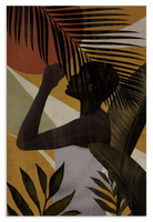 Houten wanddecoratie Vrouw 7: silhouet van een vrouw tussen grote tropische bladeren.