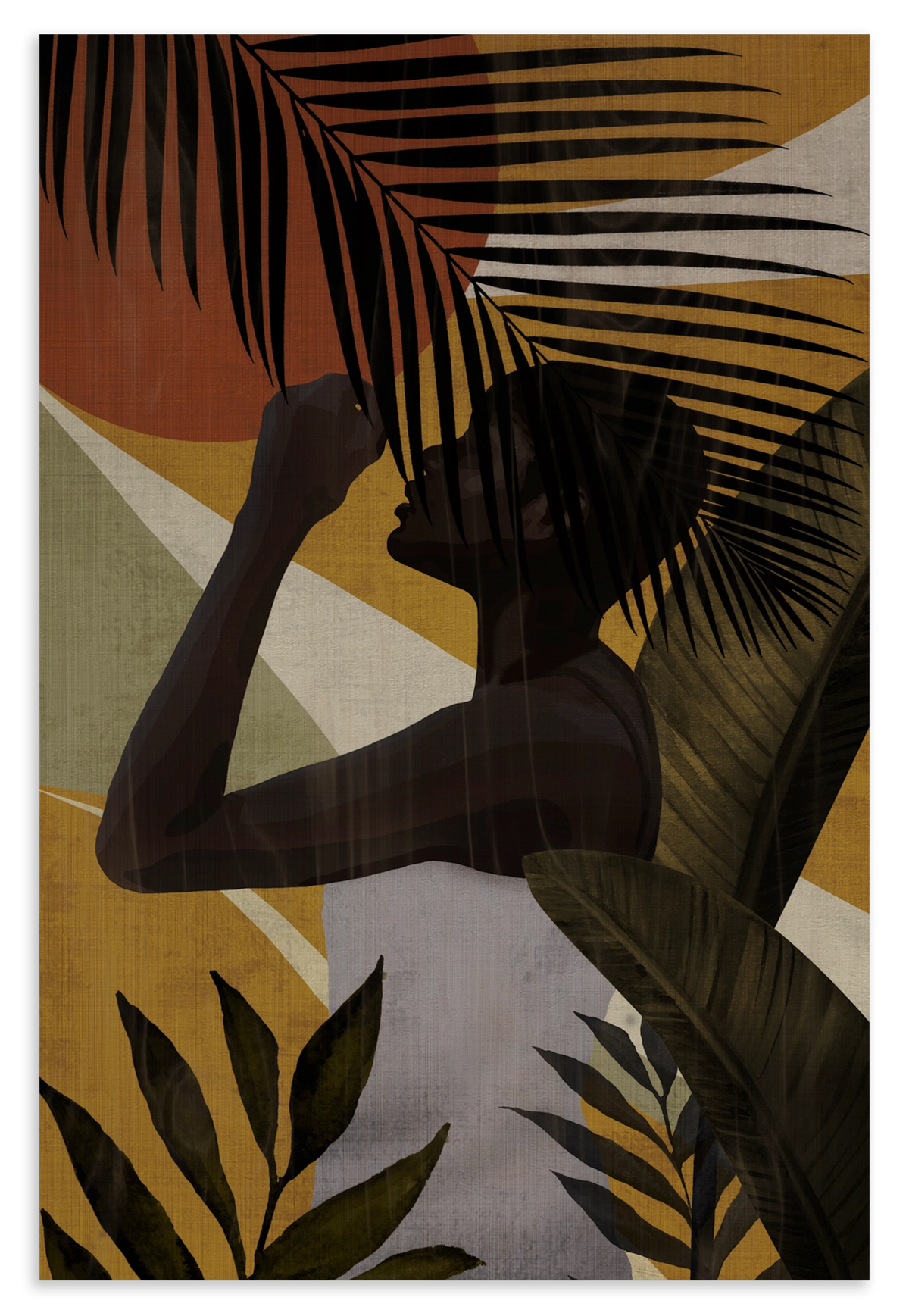Houten wanddecoratie Vrouw 7: silhouet van een vrouw tussen grote tropische bladeren.