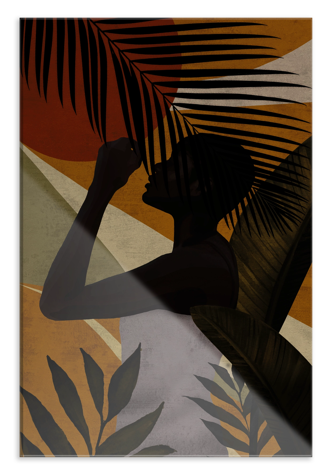 Plexiglas schilderij Vrouw 7: silhouet van een vrouw tussen grote tropische bladeren.