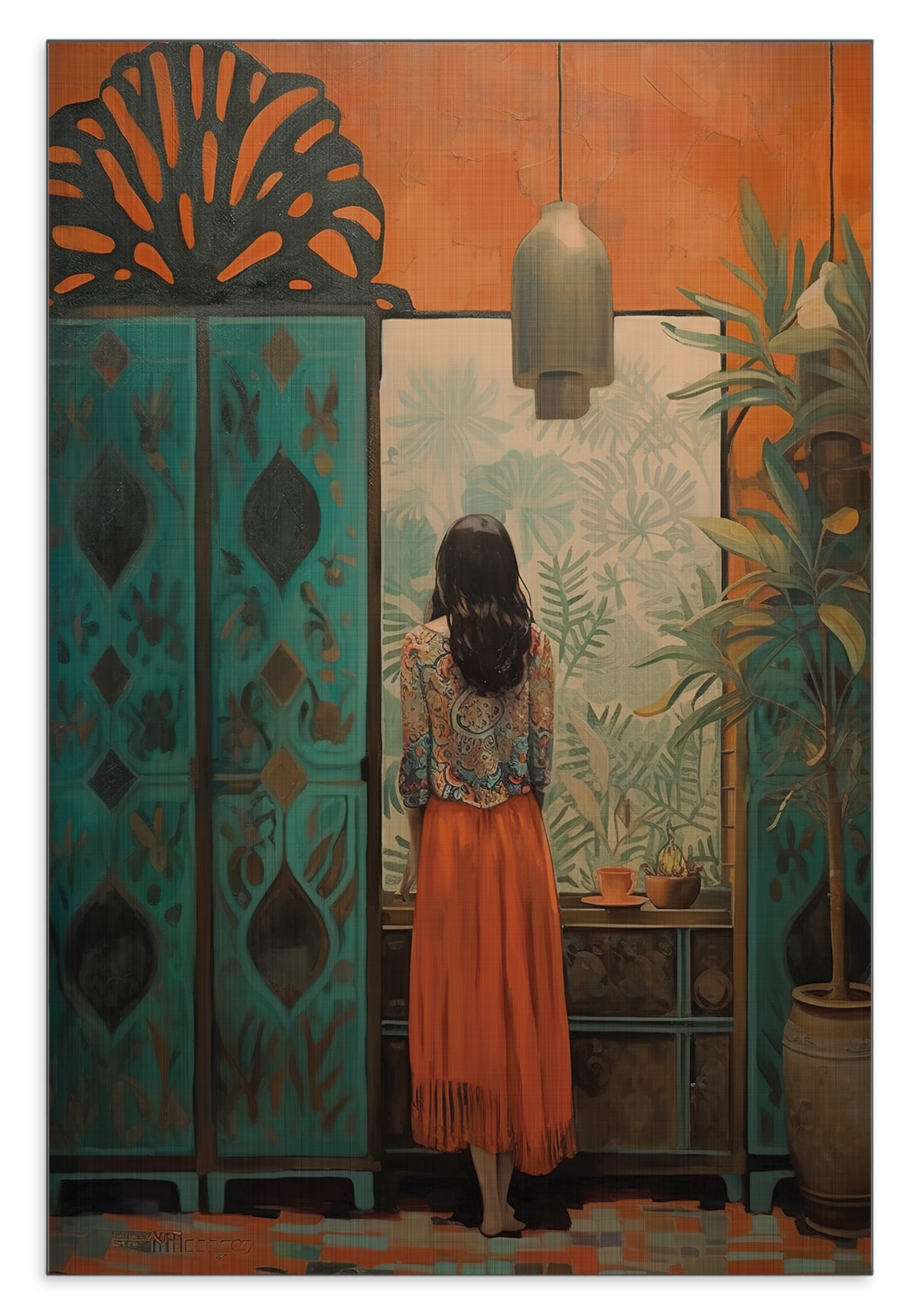 Aluminium Dibond schilderij Vrouw: vrouw in een oranje rok bij een kamerscherm tussen planten.