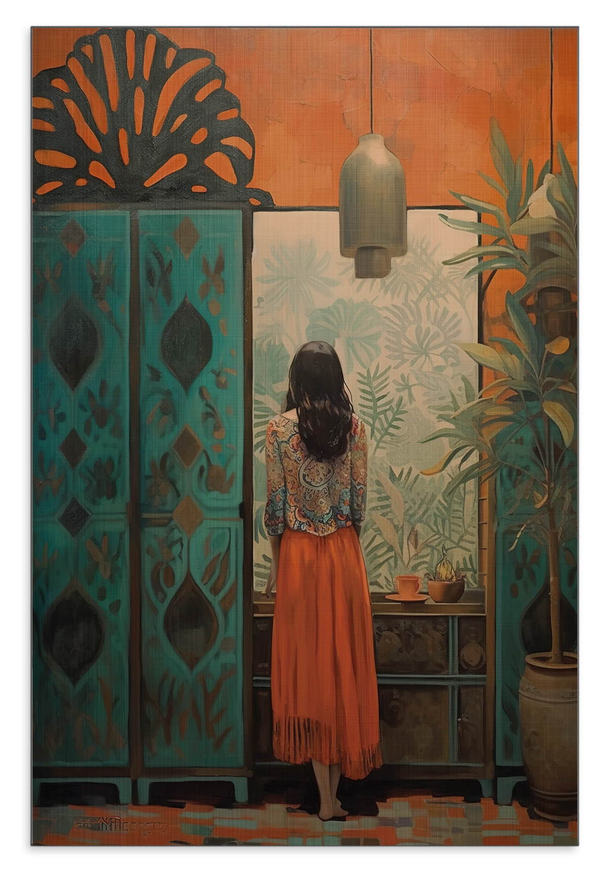 Aluminium Dibond schilderij Vrouw: vrouw in een oranje rok bij een kamerscherm tussen planten.
