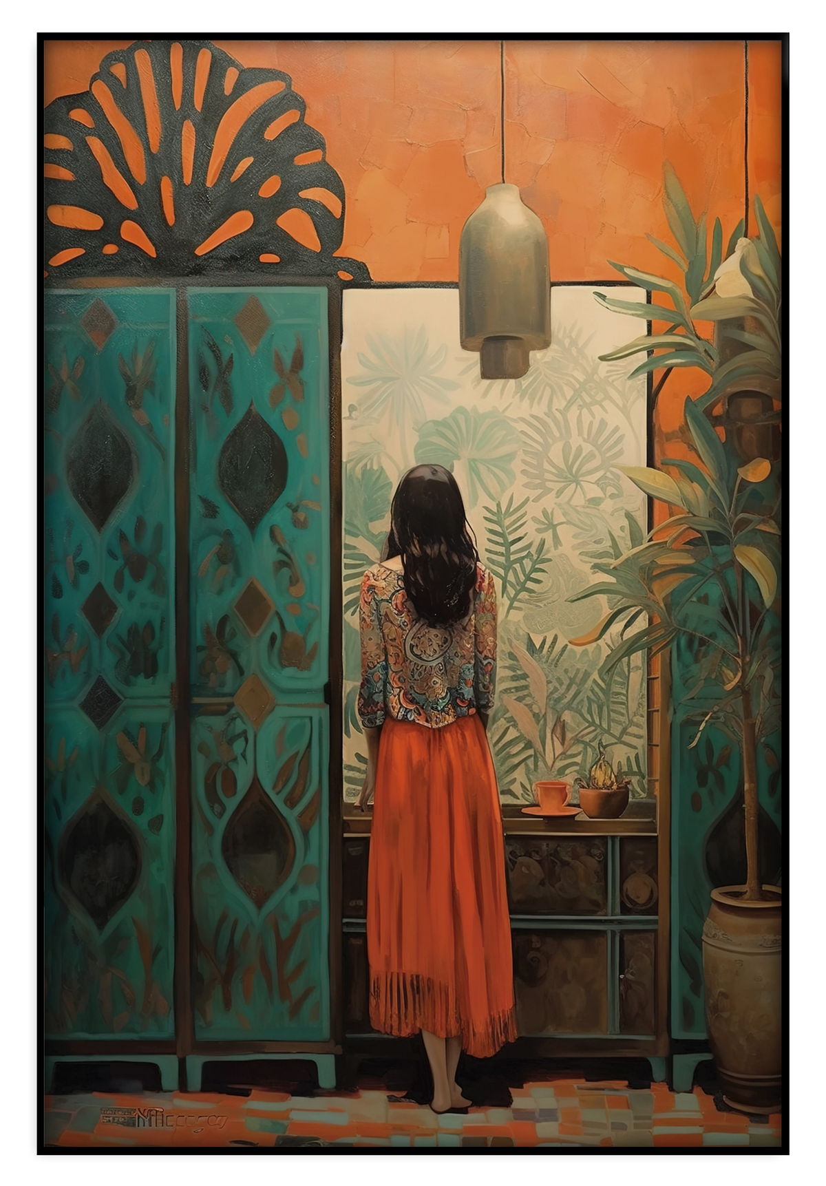 Artframe Vrouw: vrouw in een oranje rok bij een kamerscherm tussen planten.