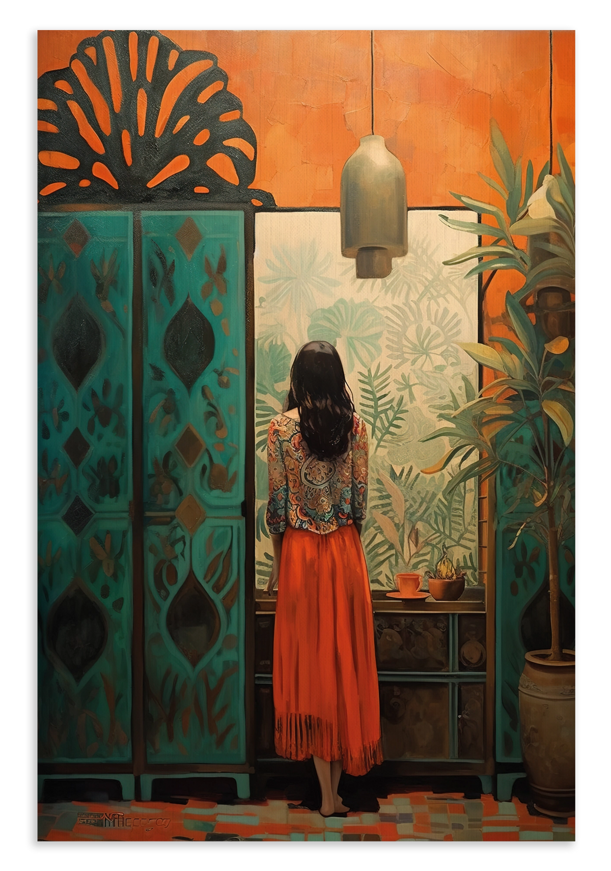 Canvas schilderij Vrouw: vrouw in een oranje rok bij een kamerscherm tussen planten.