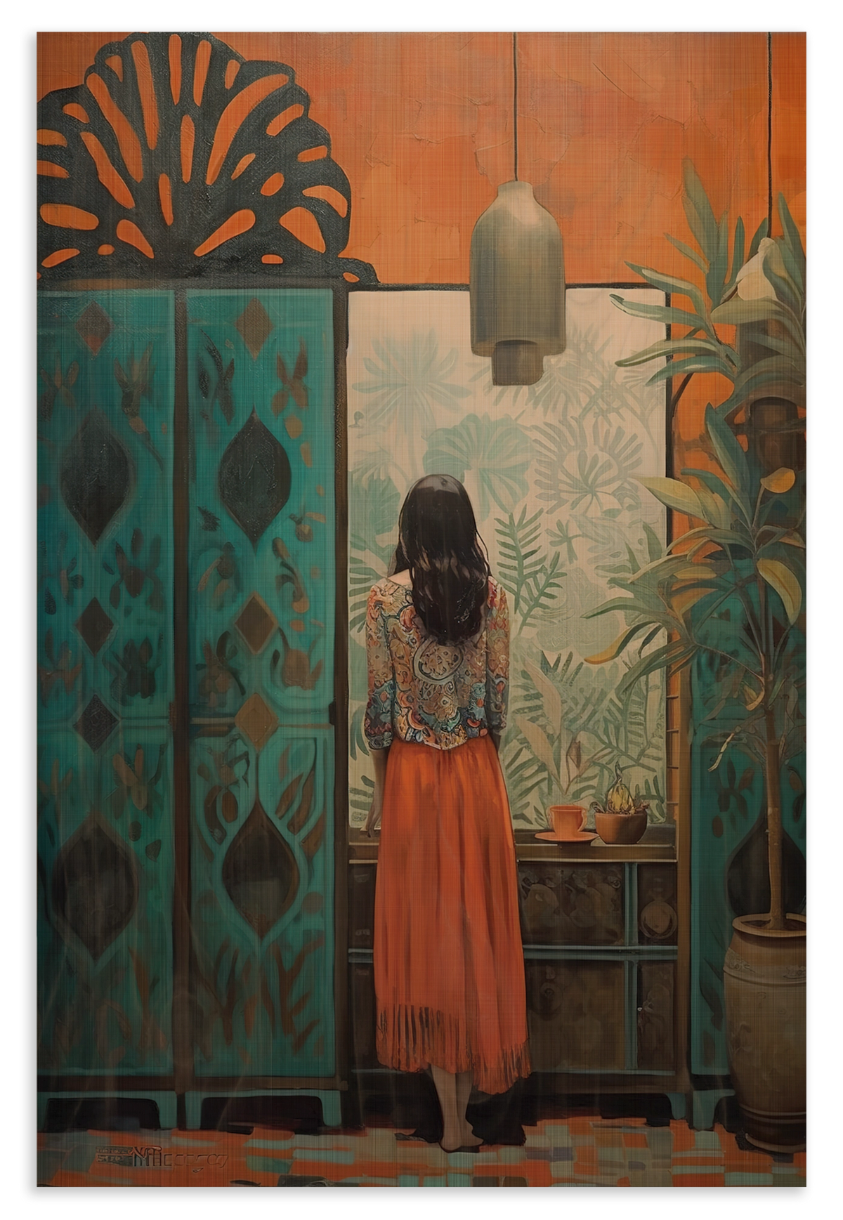 Houten wanddecoratie Vrouw: vrouw in een oranje rok bij een kamerscherm tussen planten.
