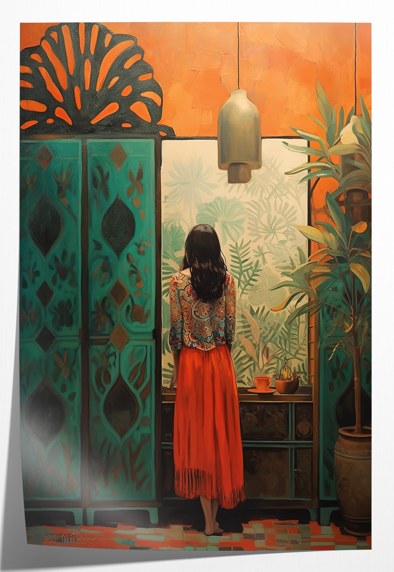 Papieren poster Vrouw: vrouw in een oranje rok bij een kamerscherm tussen planten.