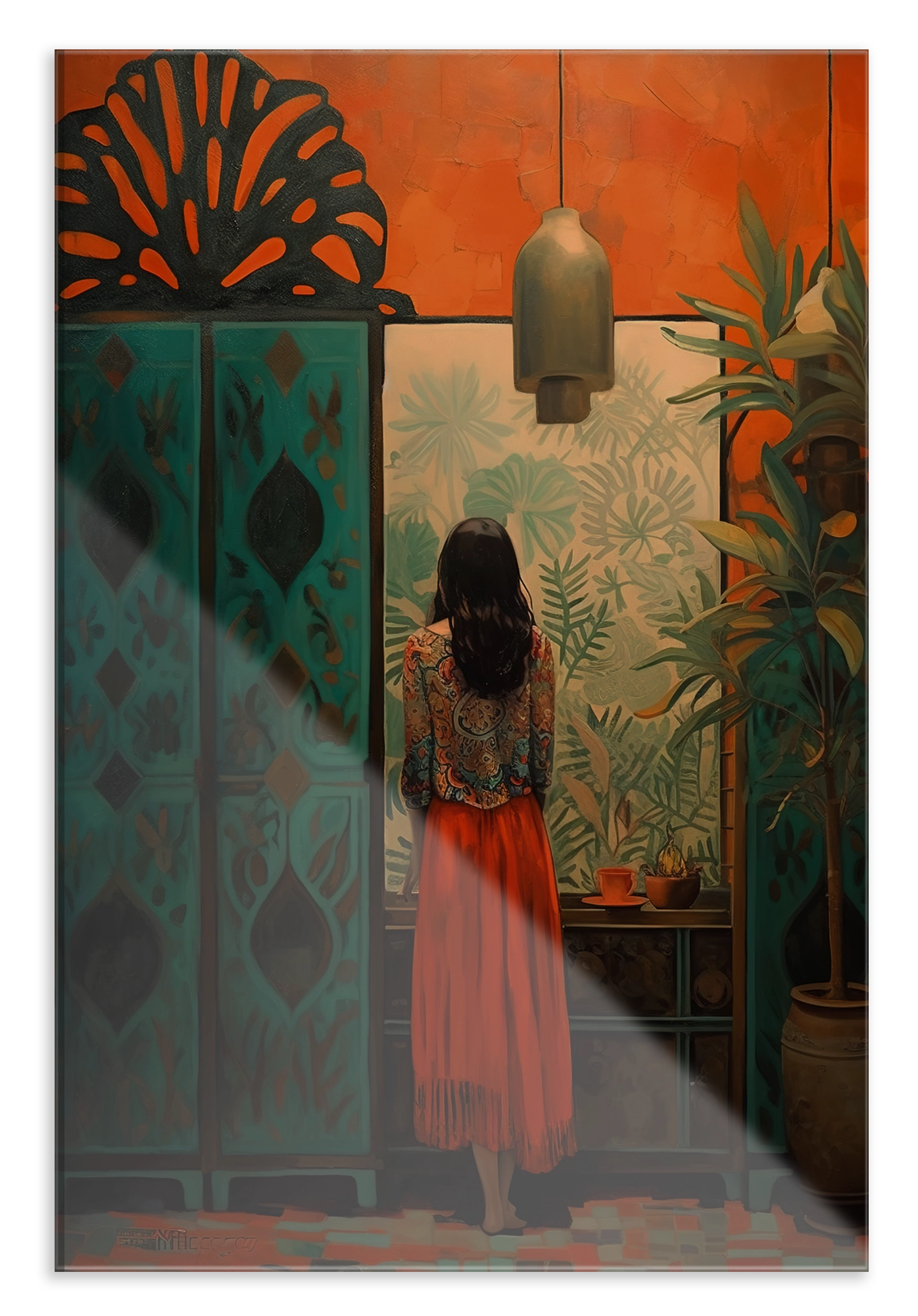 Plexiglas schilderij Vrouw: vrouw in een oranje rok bij een kamerscherm tussen planten.