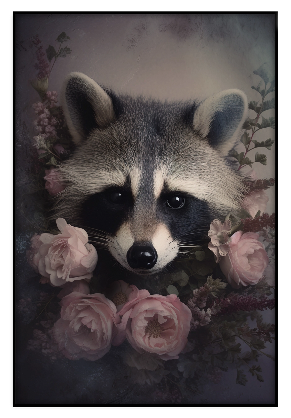 Artframe Wasbeer: wasbeer tussen roze rozen tegen een donkere achtergrond.
