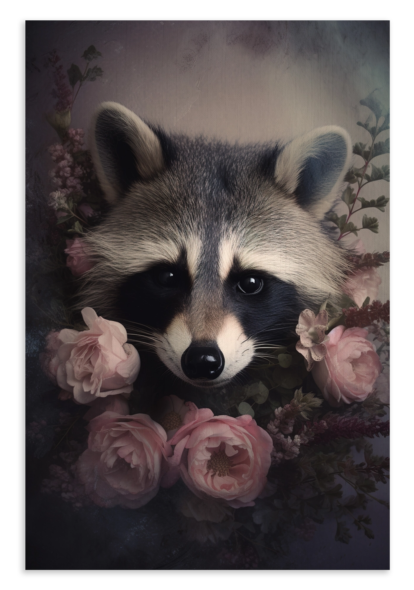 Canvas schilderij Wasbeer: wasbeer tussen roze rozen tegen een donkere achtergrond.