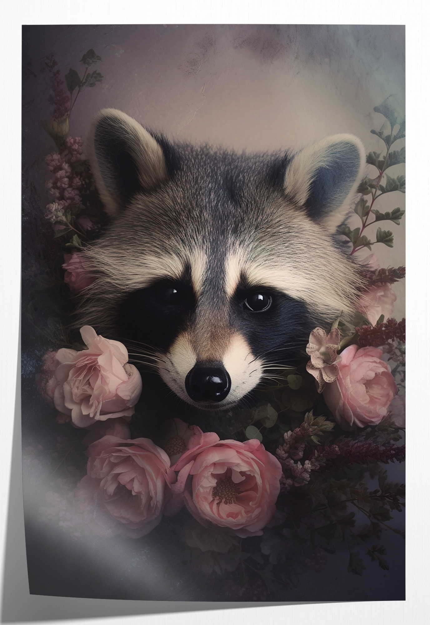 Papieren poster Wasbeer: wasbeer tussen roze rozen tegen een donkere achtergrond.