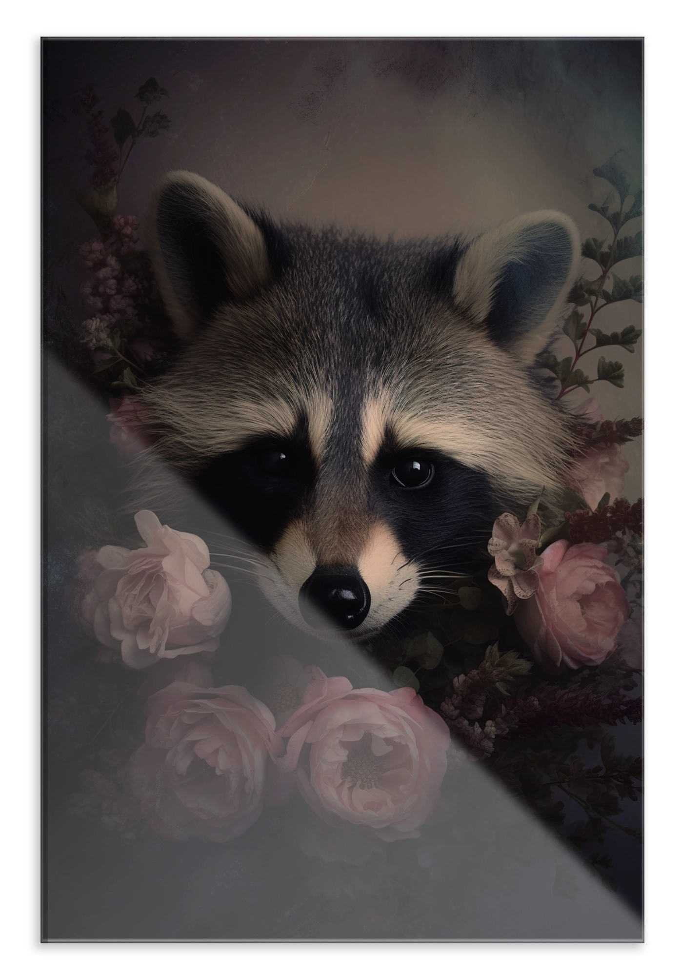 Plexiglas schilderij Wasbeer: wasbeer tussen roze rozen tegen een donkere achtergrond.
