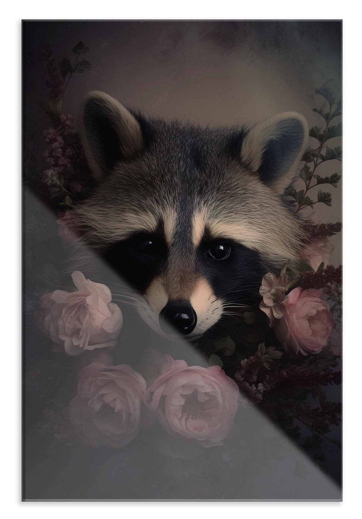 Plexiglas schilderij Wasbeer: wasbeer tussen roze rozen tegen een donkere achtergrond.