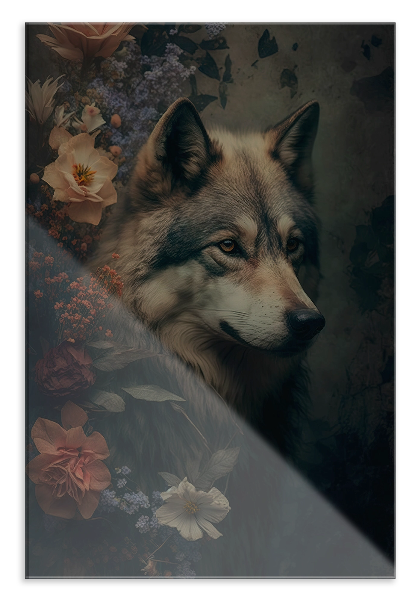 Plexiglas schilderij Wolf: wolf in profiel tussen rozen en lichte bloemen.