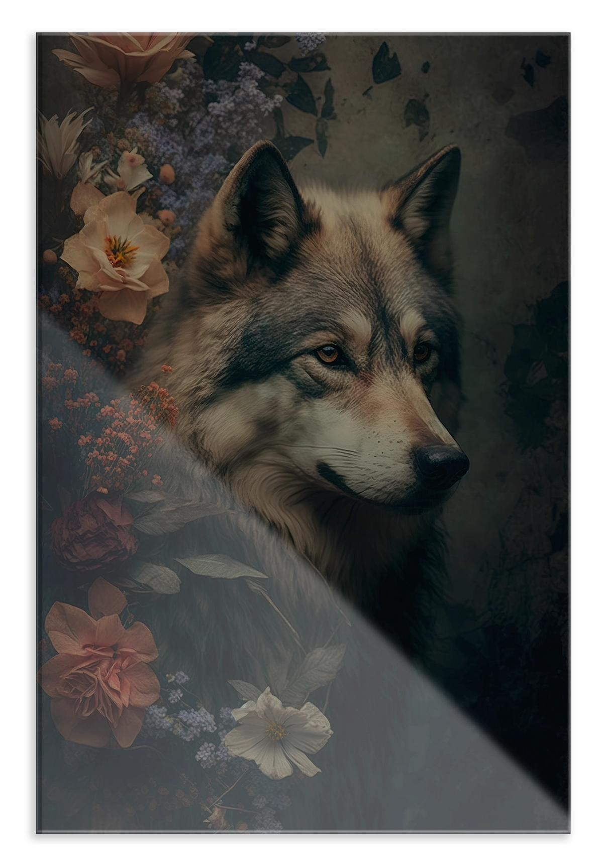 Plexiglas schilderij Wolf: wolf in profiel tussen rozen en lichte bloemen.