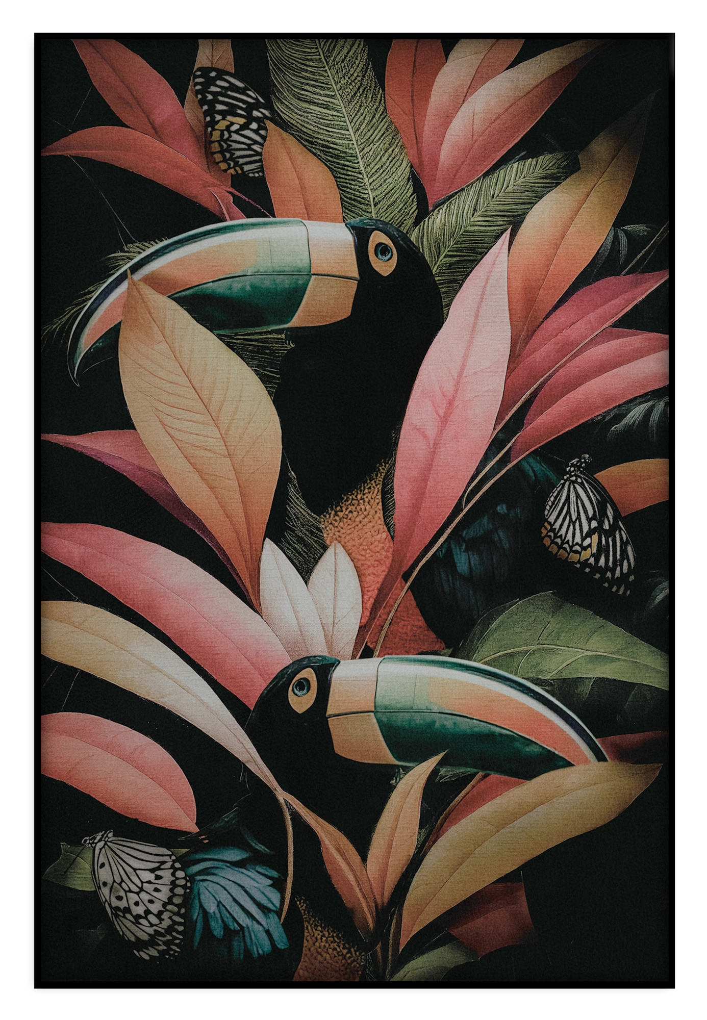 Akoestisch paneel Jungle Toekans: twee toekans tussen grote roze en groene tropische bladeren.