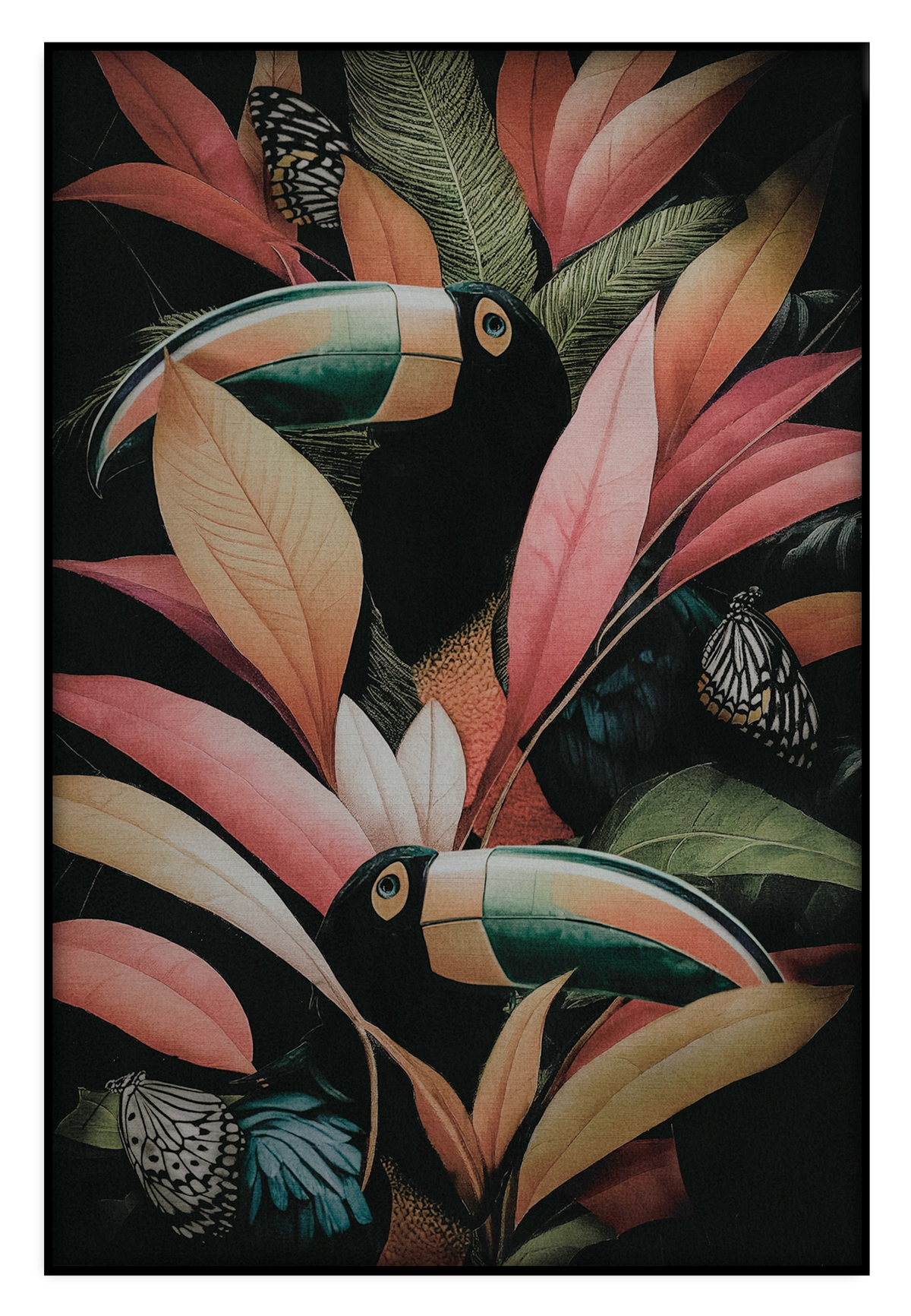 Akoestisch paneel Jungle Toekans: twee toekans tussen grote roze en groene tropische bladeren.