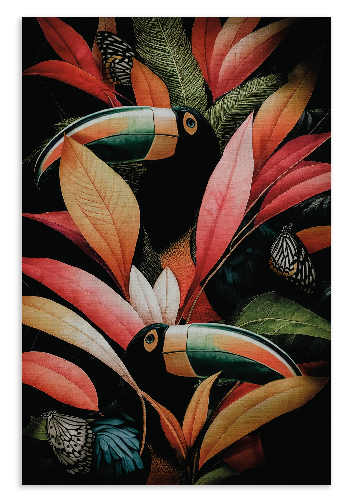 Canvas schilderij Jungle Toekans: twee toekans tussen grote roze en groene tropische bladeren.