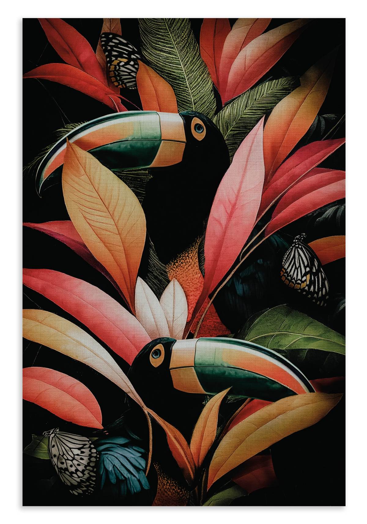 Canvas schilderij Jungle Toekans: twee toekans tussen grote roze en groene tropische bladeren.