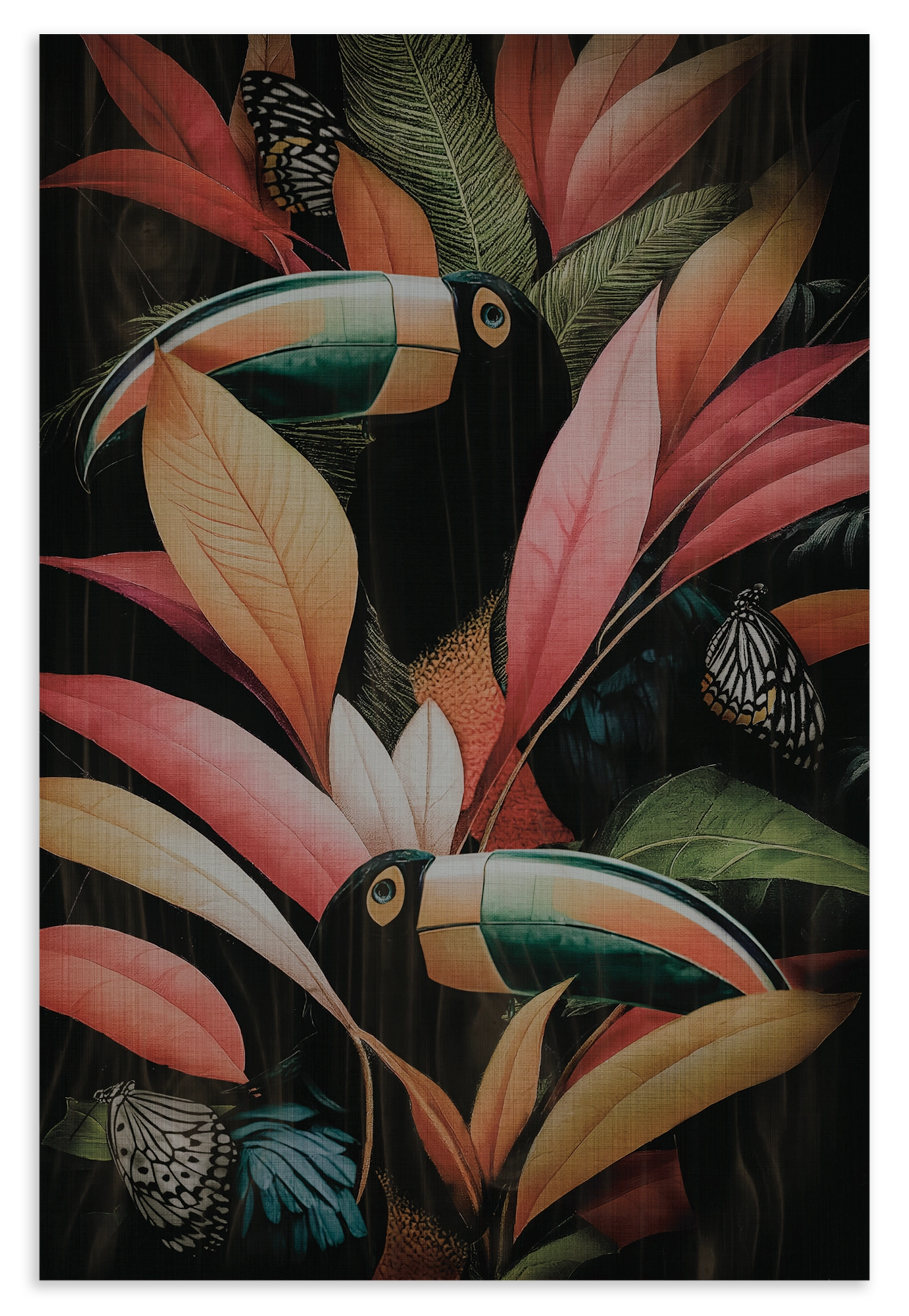Houten wanddecoratie Jungle Toekans: twee toekans tussen grote roze en groene tropische bladeren.