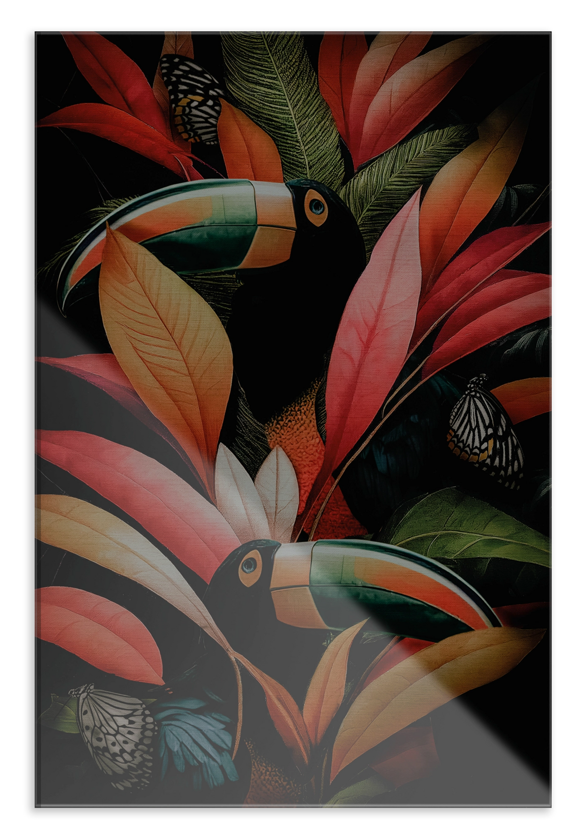 Plexiglas schilderij Jungle Toekans: twee toekans tussen grote roze en groene tropische bladeren.