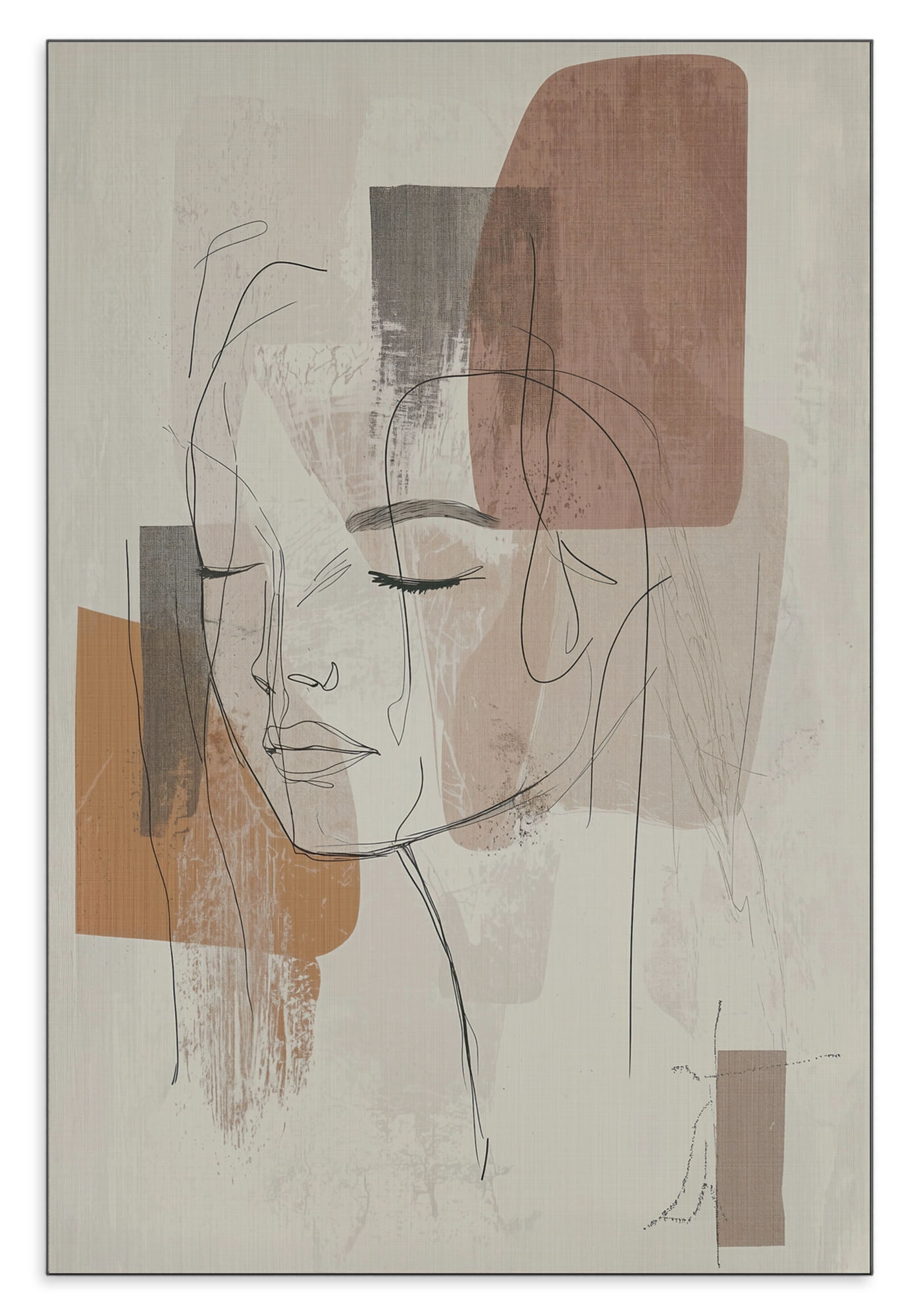 Aluminium Dibond schilderij Ysra: lijntekening van een vrouwengezicht met abstracte beige kleurvlakken.