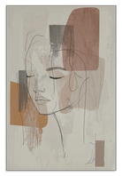 Aluminium Dibond schilderij Ysra: lijntekening van een vrouwengezicht met abstracte beige kleurvlakken.