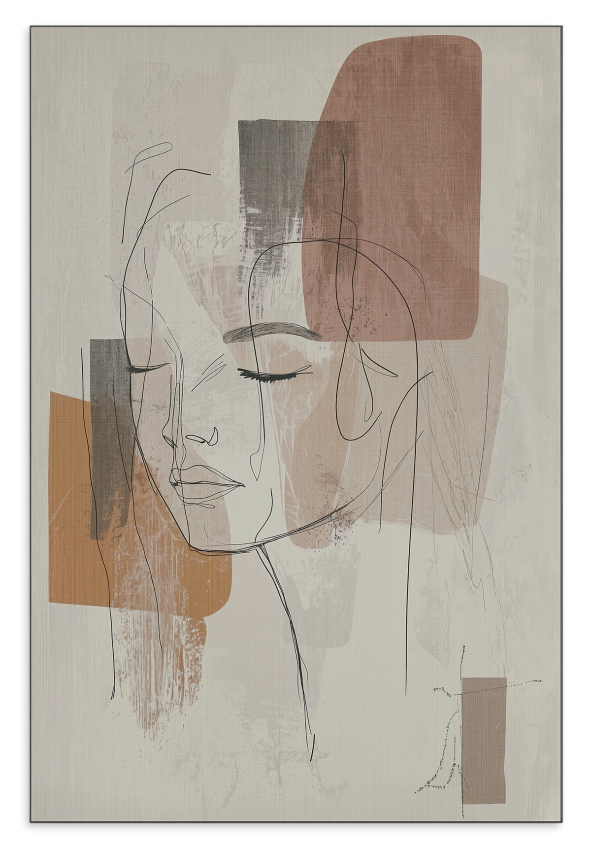 Aluminium Dibond schilderij Ysra: lijntekening van een vrouwengezicht met abstracte beige kleurvlakken.