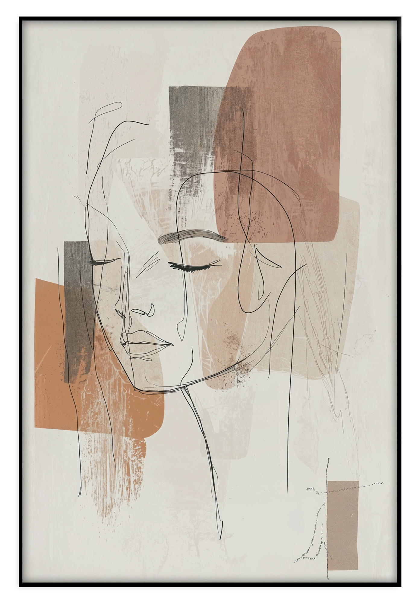 Artframe Ysra: lijntekening van een vrouwengezicht met abstracte beige kleurvlakken.