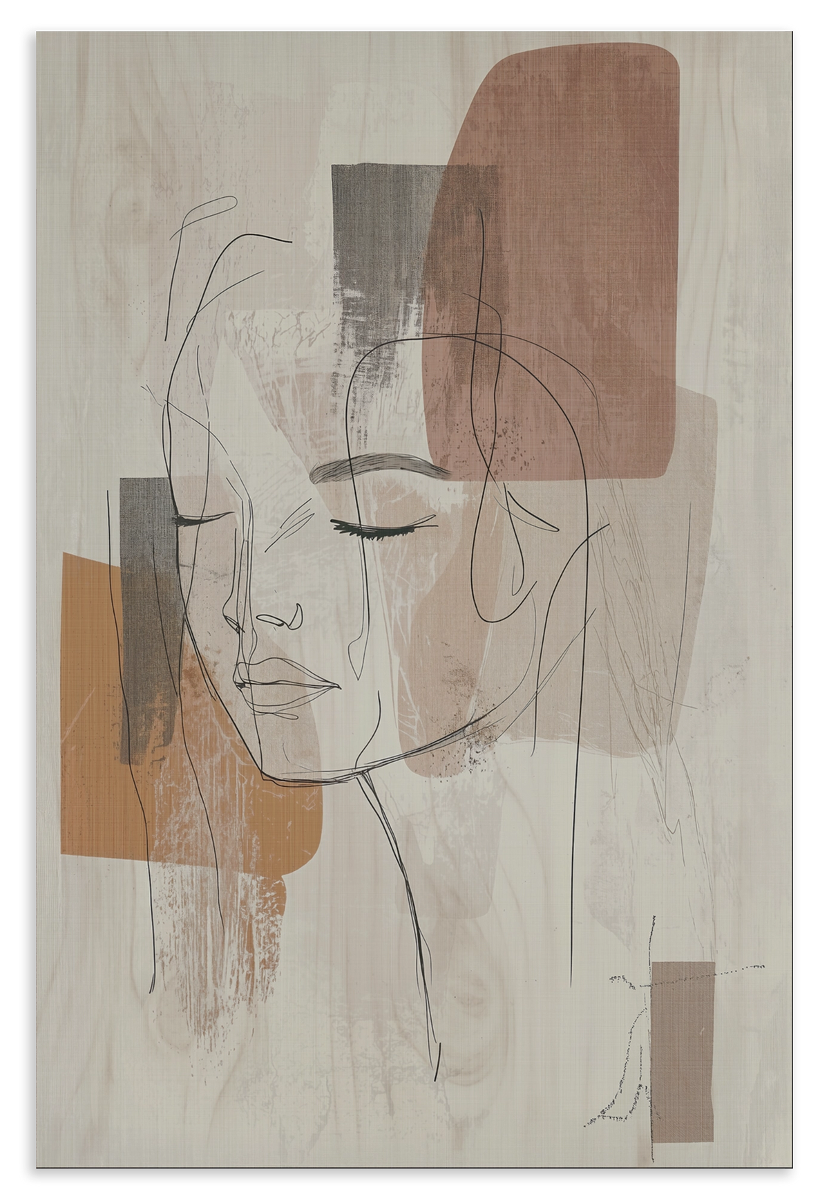 Houten wanddecoratie Ysra: lijntekening van een vrouwengezicht met abstracte beige kleurvlakken.