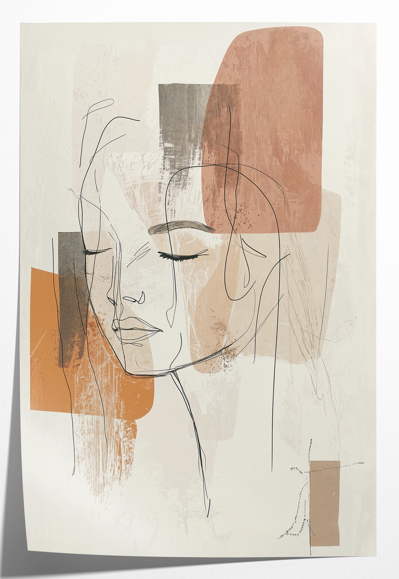Papieren poster Ysra: lijntekening van een vrouwengezicht met abstracte beige kleurvlakken.