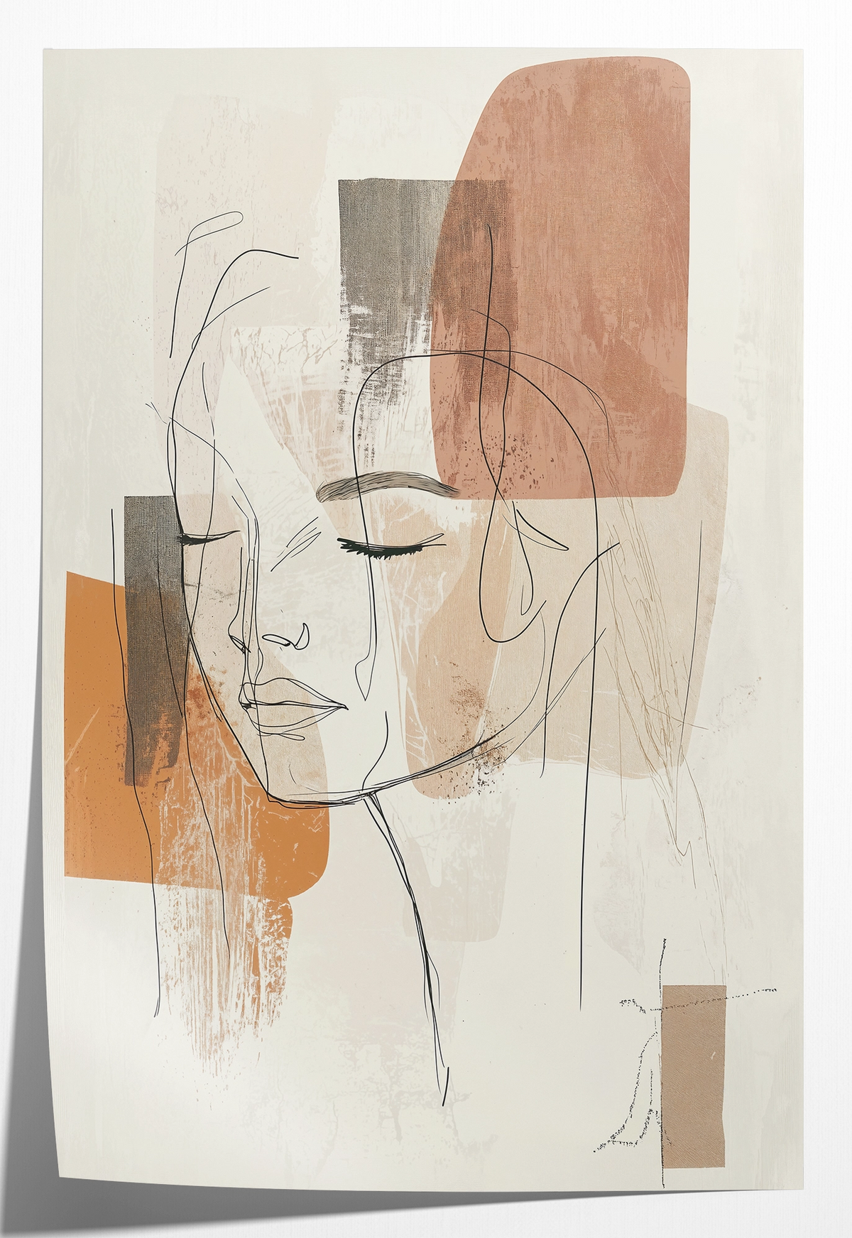 Papieren poster Ysra: lijntekening van een vrouwengezicht met abstracte beige kleurvlakken.