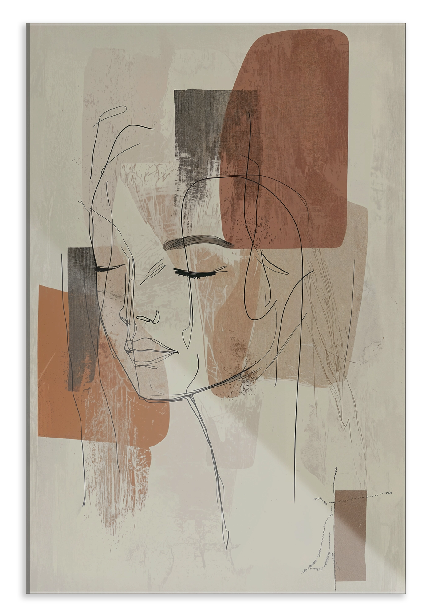 Plexiglas schilderij Ysra: lijntekening van een vrouwengezicht met abstracte beige kleurvlakken.