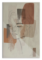 Plexiglas schilderij Ysra: lijntekening van een vrouwengezicht met abstracte beige kleurvlakken.