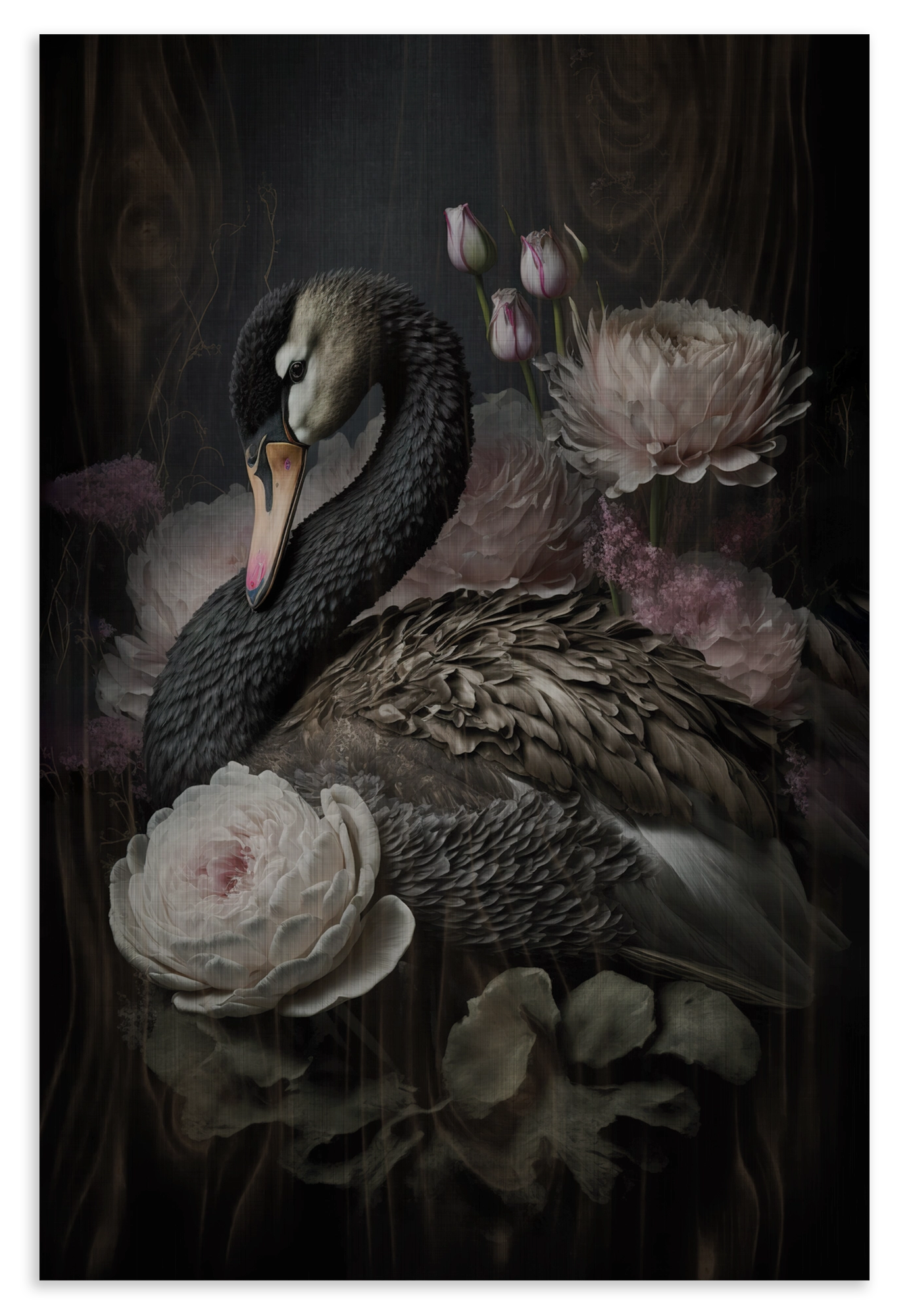 Houten wanddecoratie Zwarte zwaan: zwarte zwaan tussen witte en roze bloemen.