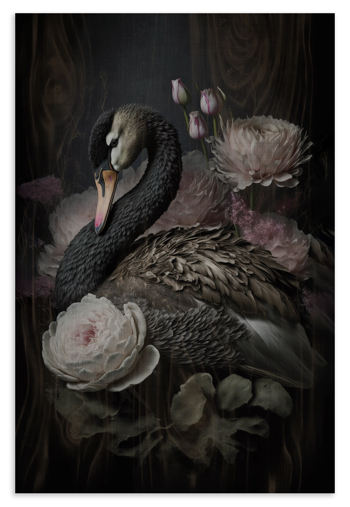 Houten wanddecoratie Zwarte zwaan: zwarte zwaan tussen witte en roze bloemen.