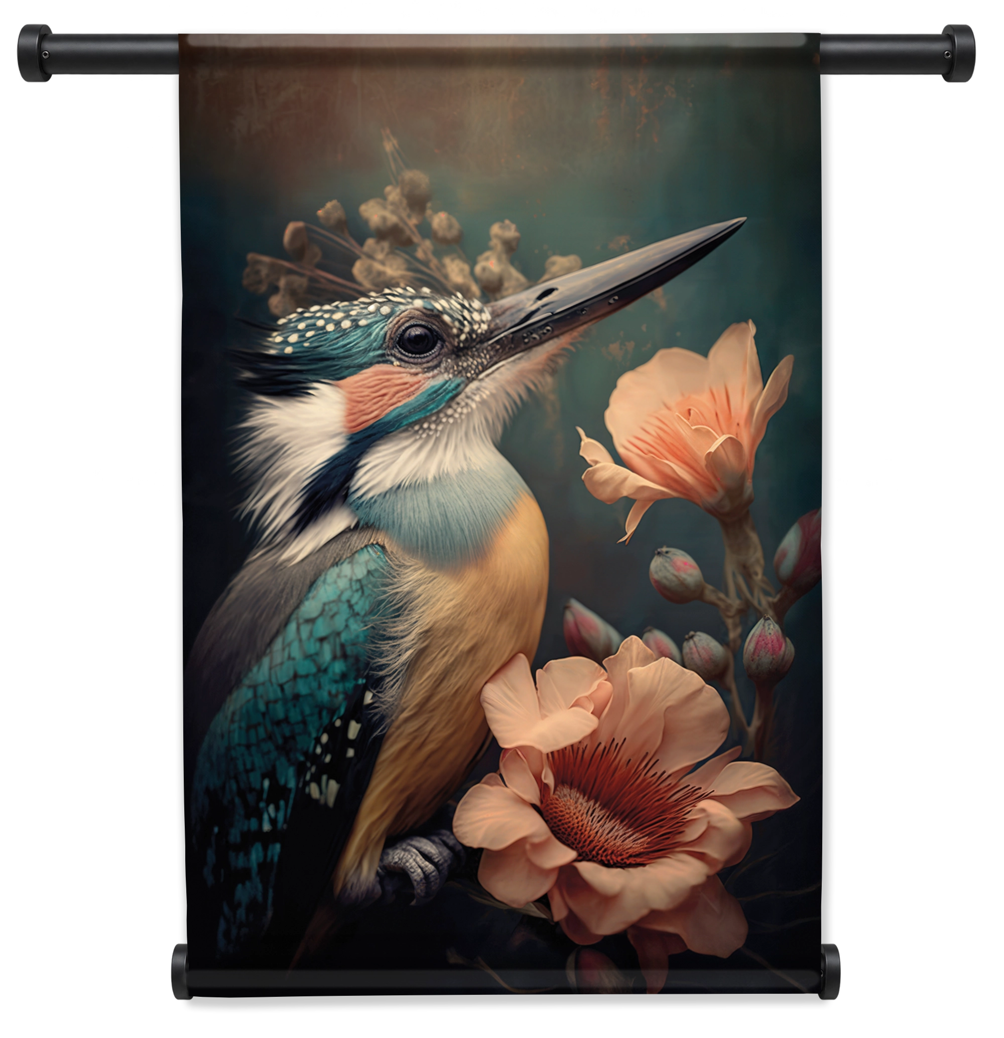 Ijsvogel 2 wandkleed staand met zwarte roedes